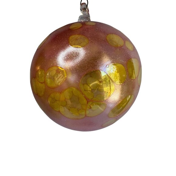 Hand-Blown Glass Spirit Ornament Pink Iridescent Yellow Bubbles 3 3/4" - Picture 1 of 6